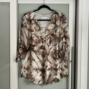 Calvin Klein Brown and Cream Tie-Dye Button-Down Blouse